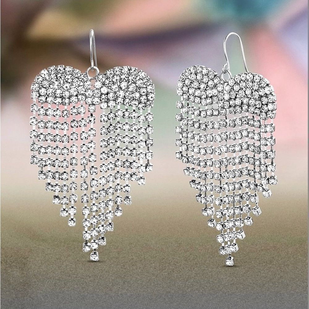 Badgley Mischka Rhinestone and Silver-tone Heart Fringe Drop Earrings
